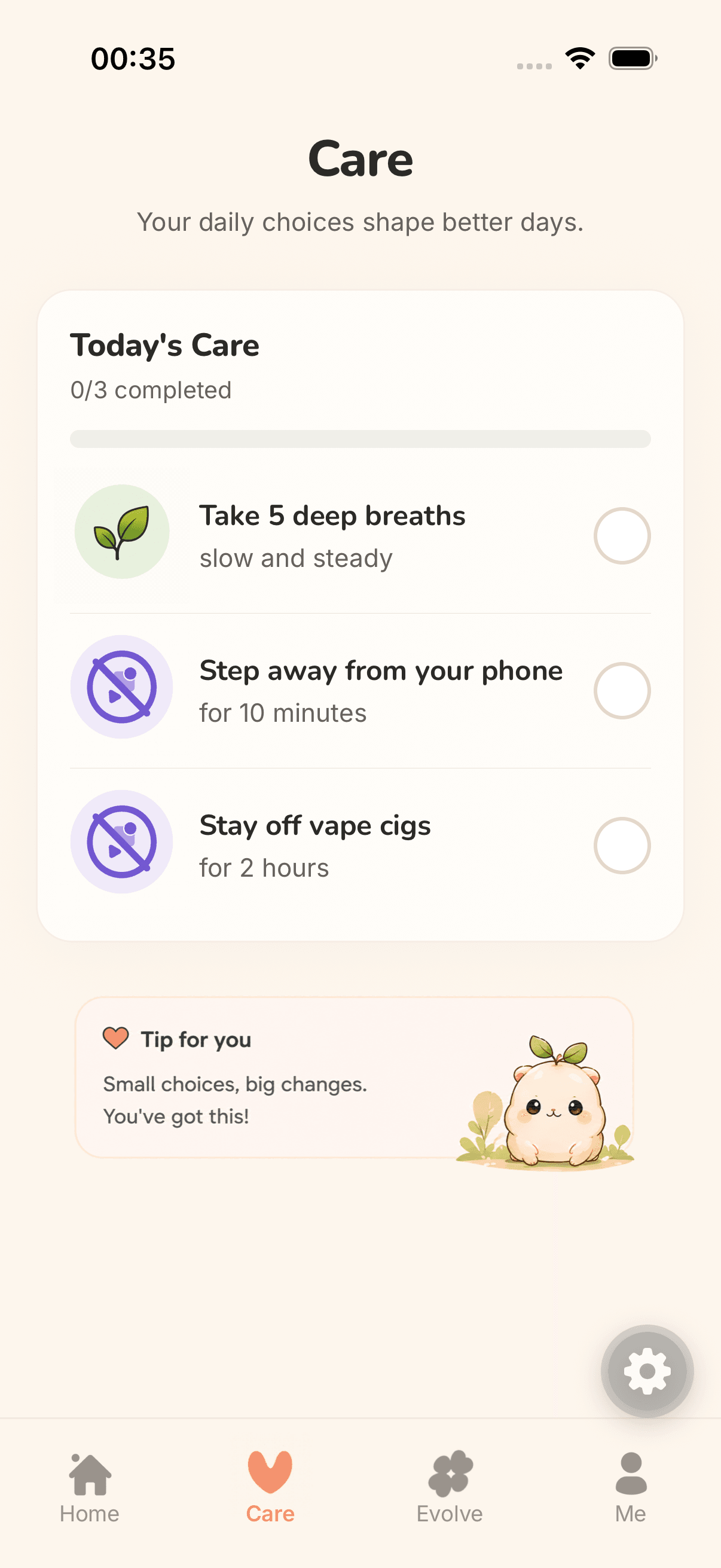 Care screen with daily rituals